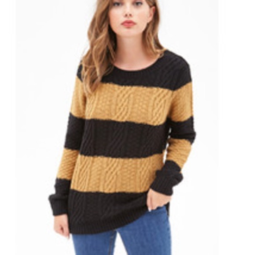 FOREVER 21 Black & Tan Striped Cable Knit Pullover Crewneck Sweater Size M